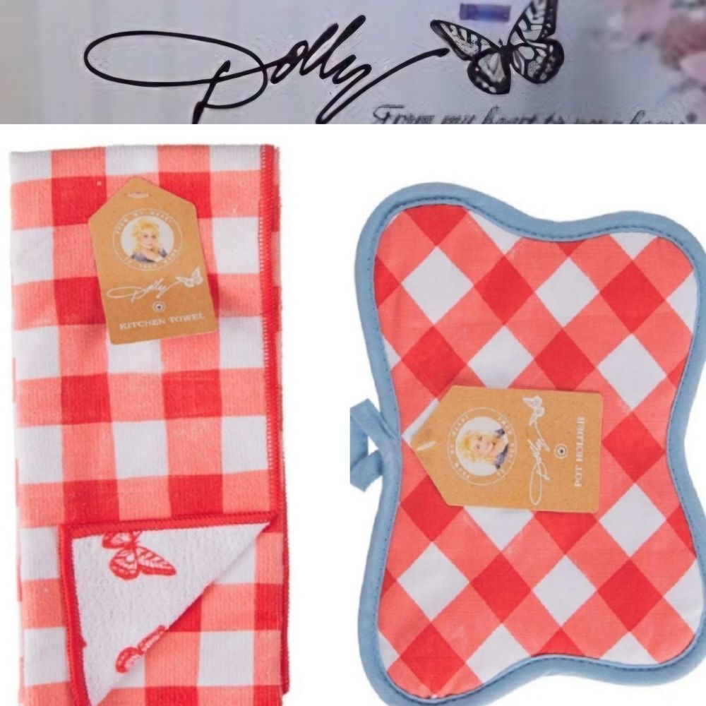 Dolly Parton Checkered‎ Kitchen Towel and Pot Holder Set